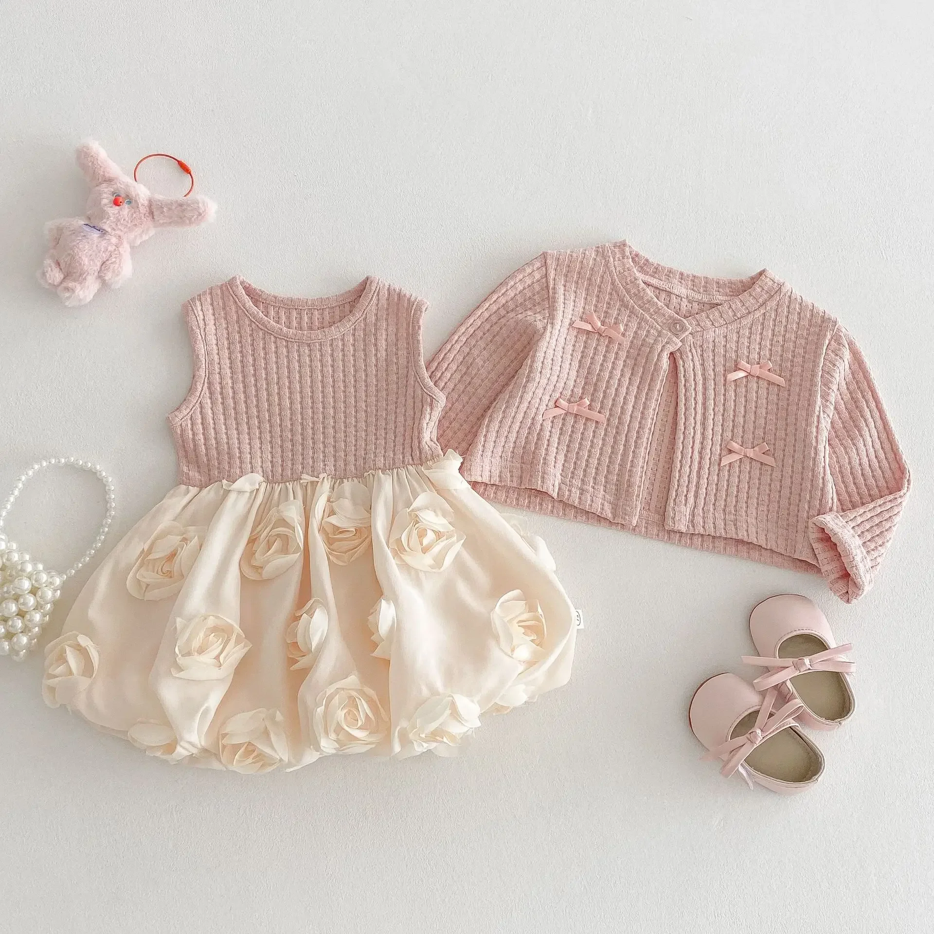 Весеннее платье без рукавов MILANCEL для девочек от 0 до 5 лет, лоскутное платье с розовым цветочным дизайном, дополнительный кардиган, милый детский наряд