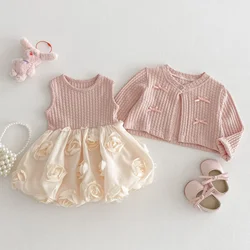 MILANCEL Spring Sleeveless Dress for Girls 0-5Y Patchwork Rose Floral Design Dress Optional Cardigan Cute Children's Outfit