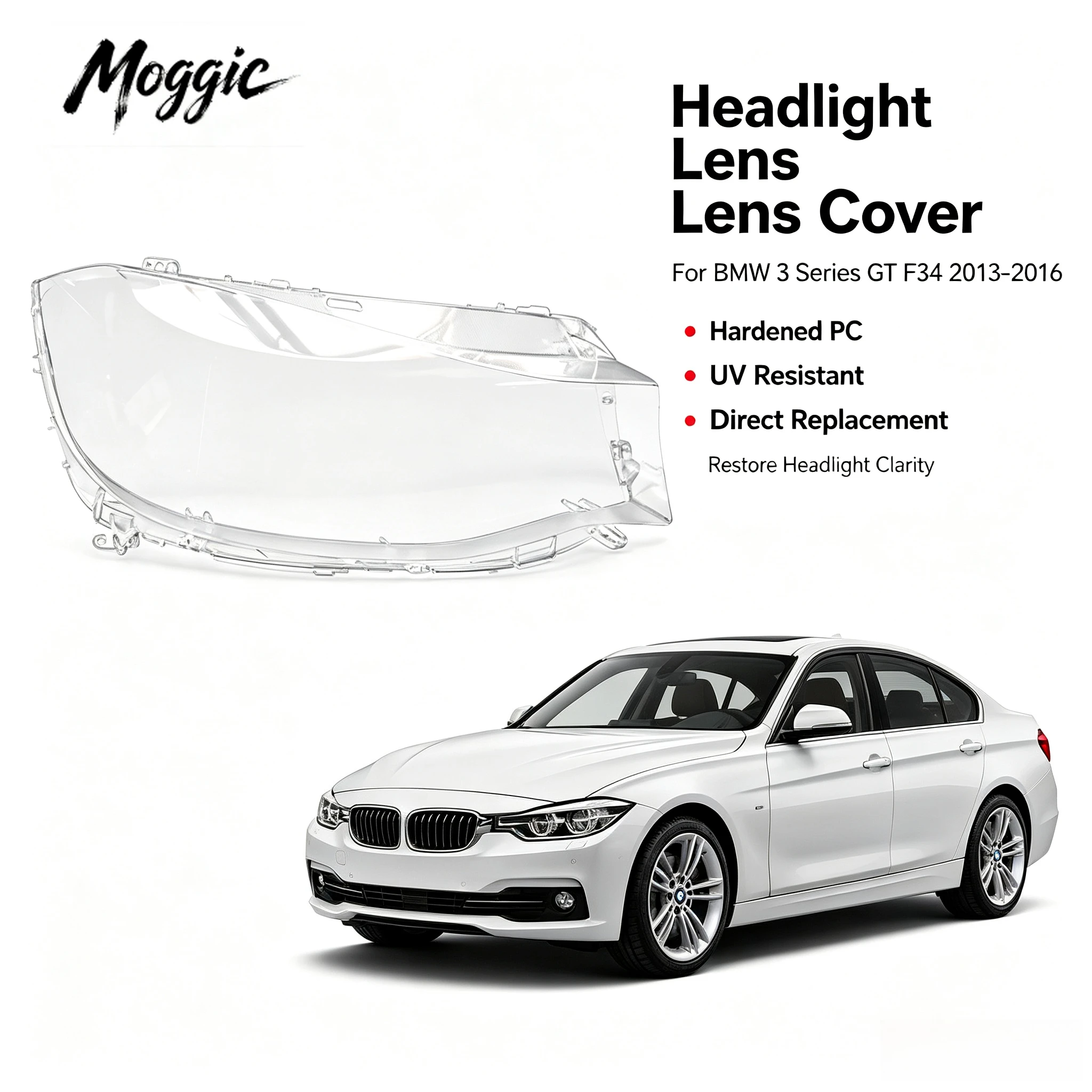MoggicHeadlight Lens Cover Compatible with 3 Series GT F34 2013 2014 2015 2016 Base Model Left Right Side Replacement Clear