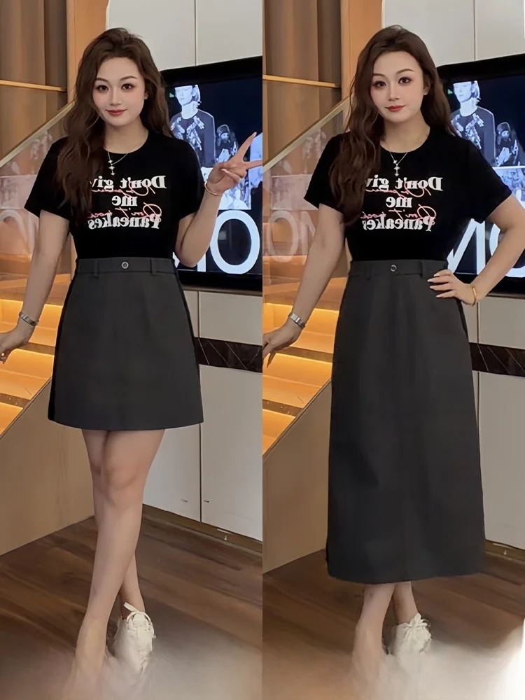 

American Style Printed Large Size Women's Dress Short Sleeve Fake Two-Piece Summer City Commute Party Casual Wear A-Line Skirt
