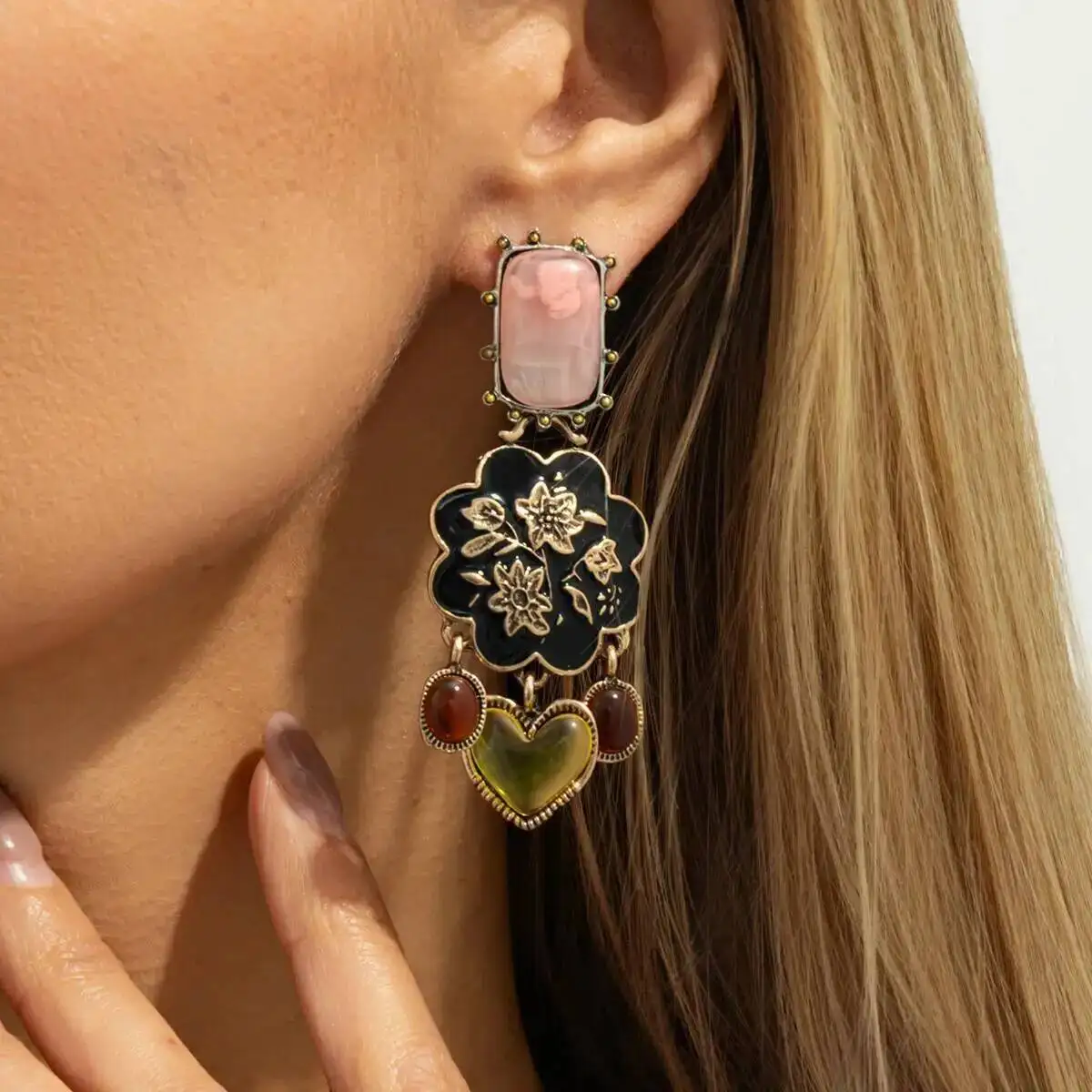 SHIXIN Vintage Acrylic Love Heart Flower Drop Earrings for Women Ethnic Irregular Geometric Pendant Earrings New Fashion Jewelry