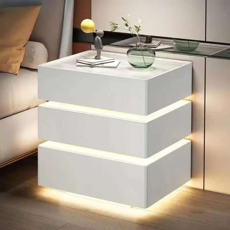 أحدث منضدة عائمة ذكية سوداء مع طاولة بجانب السرير فاخرة وحديثة مع قفل مجمع وأثاث غرفة نوم بثلاثة أدراج