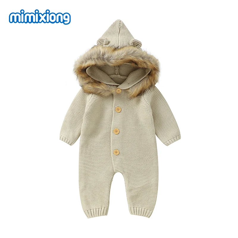 Winter Warm Baby Rompers with Hood Long Sleeve Knit Newborn Boys Girls Camel Jumpsuits Playsuits One Piece Toddler Unisex Outfit