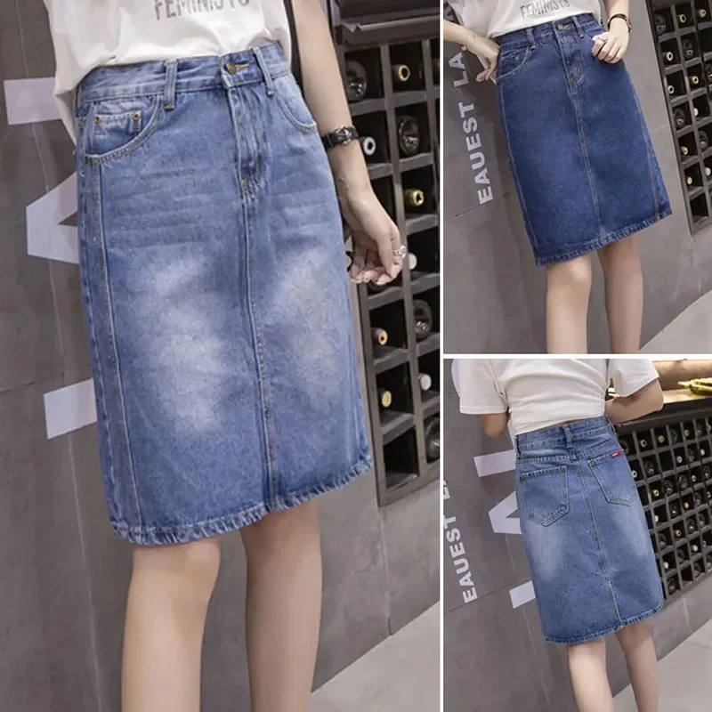 

Summer Casual Denim Midi Skirt Women Korean Loose Knee-Length Jeans Skirts Female Vintage Medium-Long Straight Skirts L515