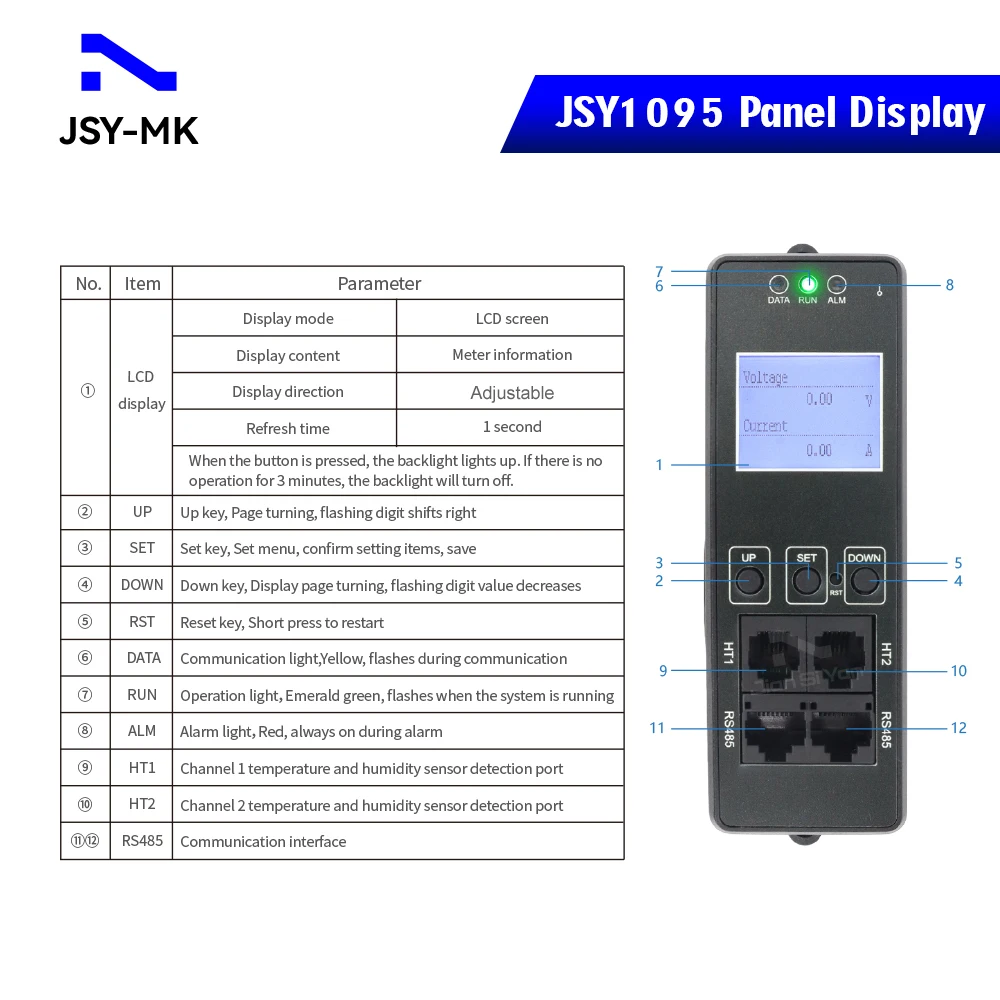 JSY1095 PDU Meter Single-phase 63A RS485 220V 50Hz LCD Display 1U Size PDU Meter for PDU Power Distribution Unit