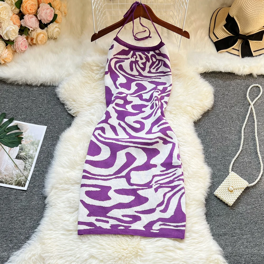 YuooMuoo Chic Fashion Sexy Package Hips Leopard Knitted Dress 2025 Summer Women Halter Bodycon Mini Dress Korean Beach Vestidos