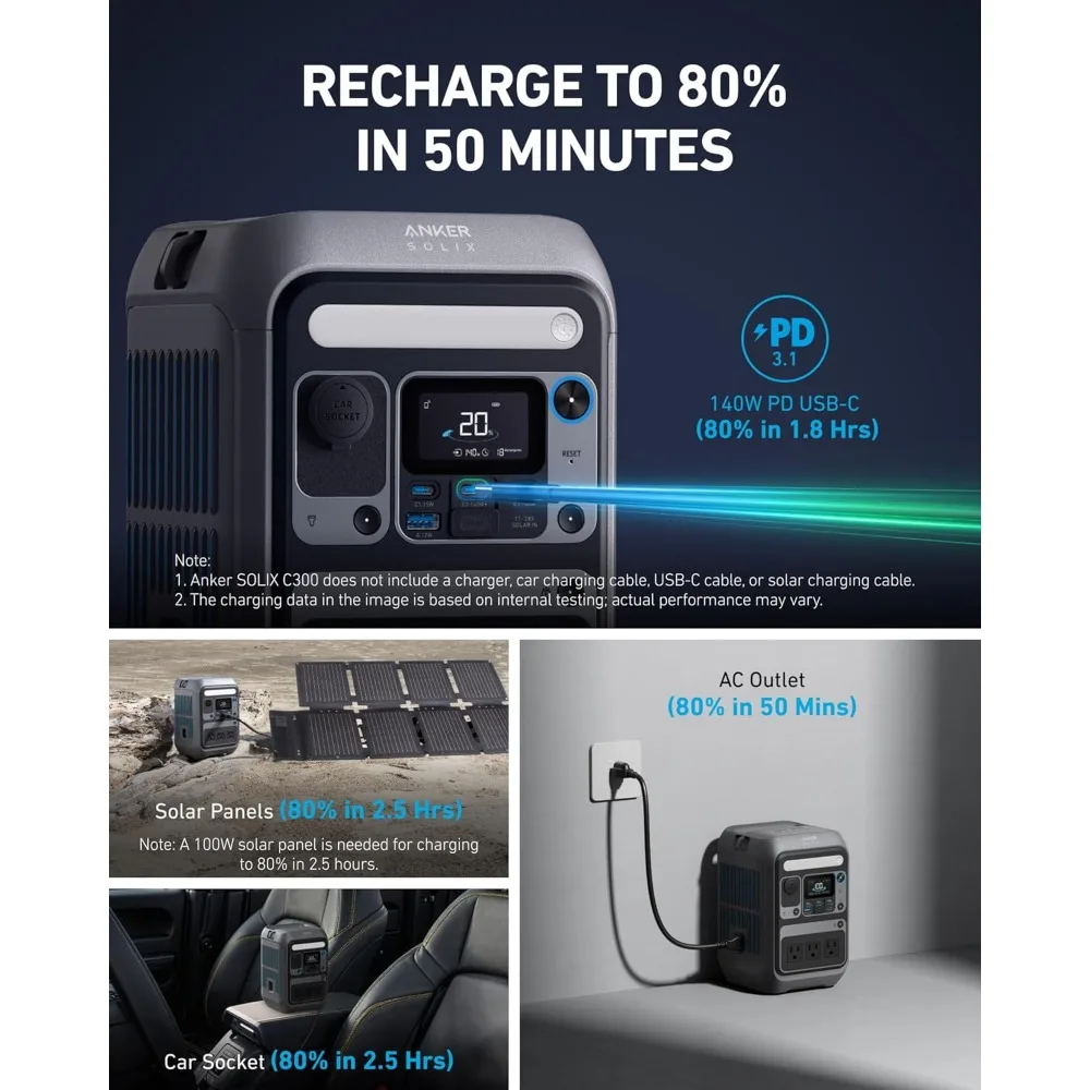 Anker SOLIX C300: محطة طاقة محمولة LiFePO4 بقدرة 288 وات في الساعة مع مخرج 300 وات، وارتفاع 600 وات، وجيل شمسي سريع الشحن ثنائي الاتجاه بقدرة 140 وات