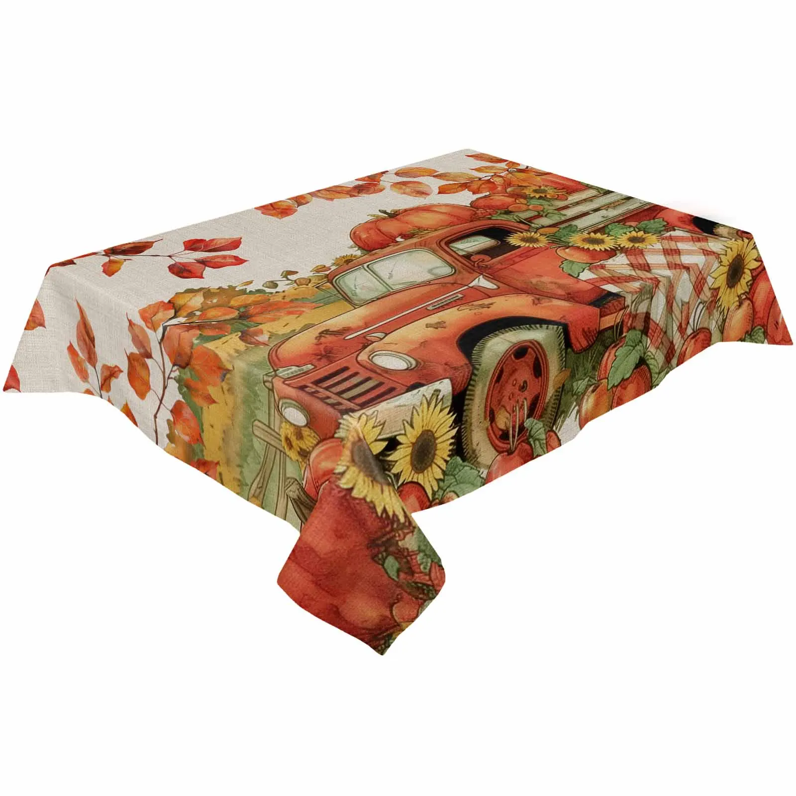 Fall Pumpkin Truck Leaves Retro Waterproof Table Cloth Holiday Wedding Party Rectangular Table Cover Home Kitchen Decor