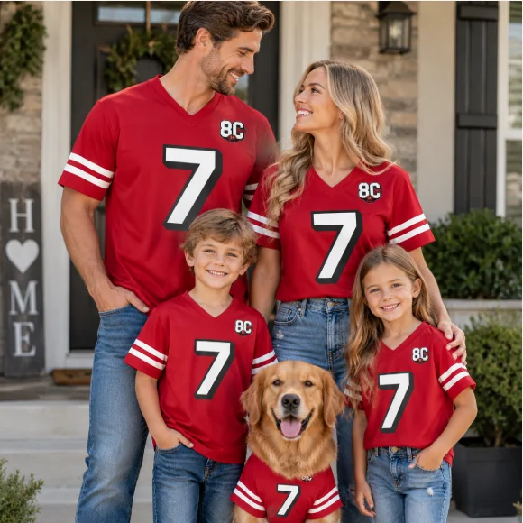 Custom LOVE 7 Red Football Shirt Men's and Women's Short sleeved V-neck Sportswear Family Wear