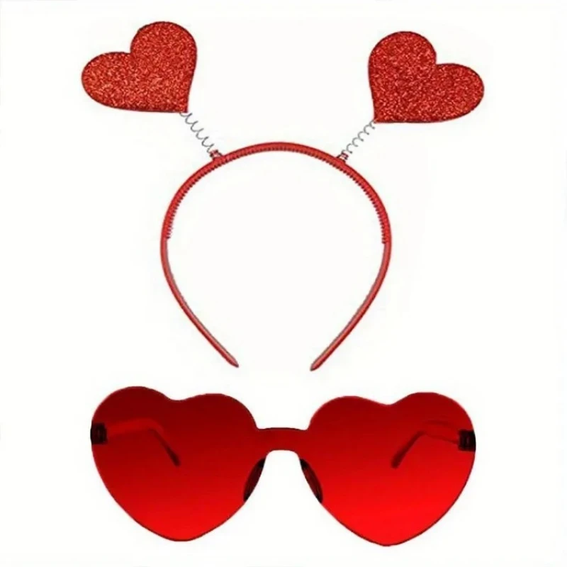 2PCS Valentine's Day Heart glitter headband buckle Red Heart glasses two-piece party heart glitter headband