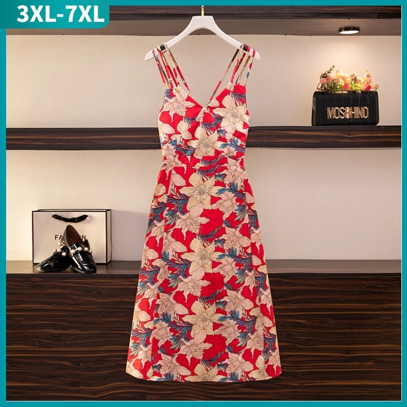 

New 2022 Summer Plus Size Slip Dress For Women Large Size Sleeveless Slim Red Flower Print Midi Dress 3XL 4XL 5XL 6XL 7XL