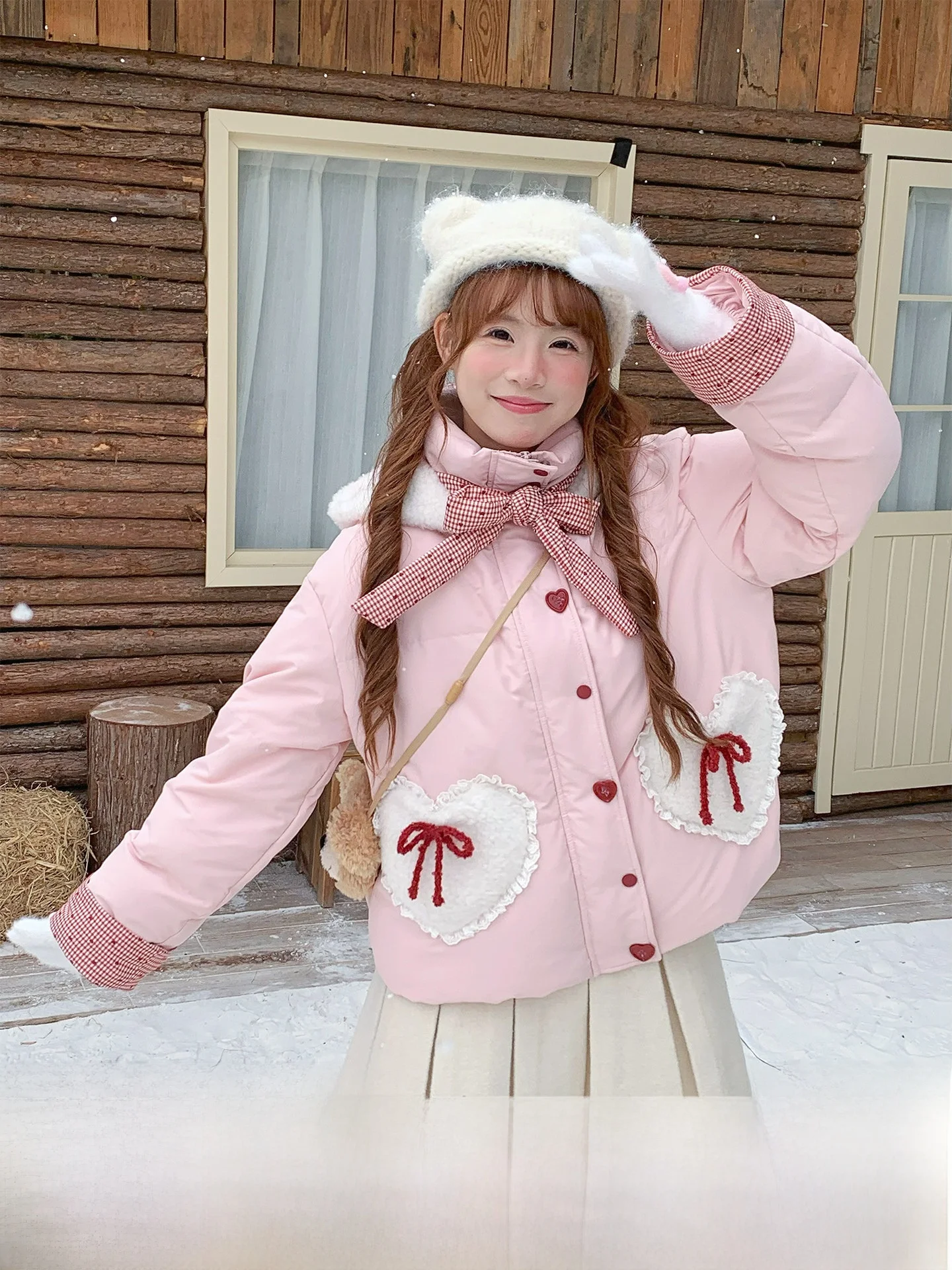 

Розовое пуховое пальто с капюшоном и узором в виде сердечек, в стиле пэчворк, Sinsingirl, с эффектом сахарного покрытия, цвет сливы, зимнее, из смесового хлопка