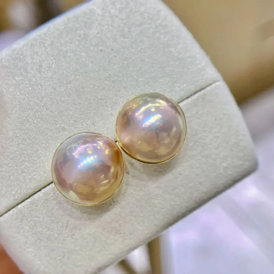 YB24 Fine Jewelry Pure G18K Yellow Gold Natural Salt Water Mabe Pearls 14-15mm Earrings for Women Fine Pearl Earrings