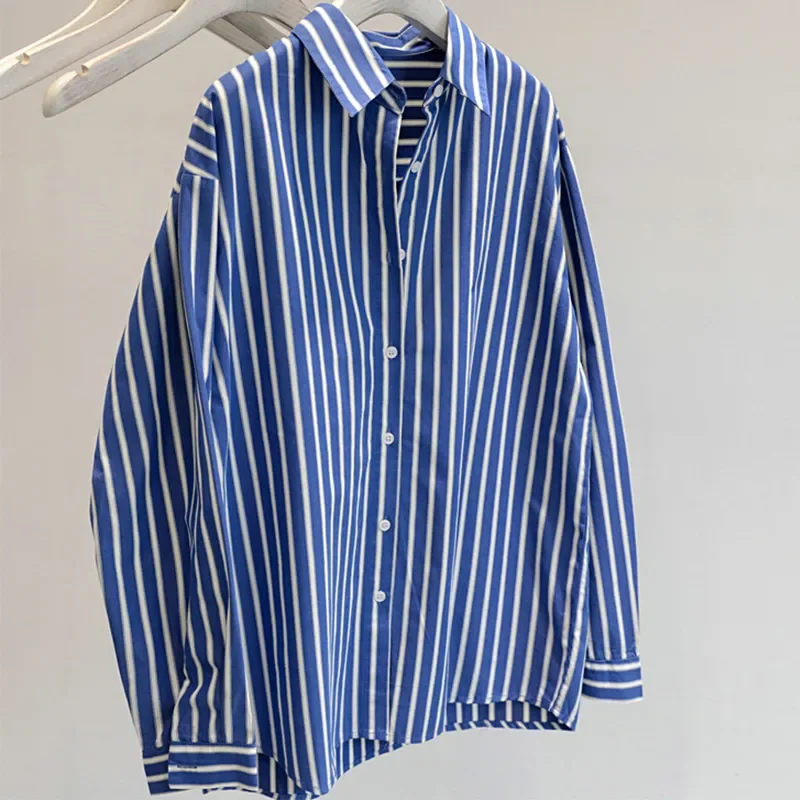 

Women's Retro Blue Striped Cotton Shirt - Oversized Long Sleeve Casual Blouse