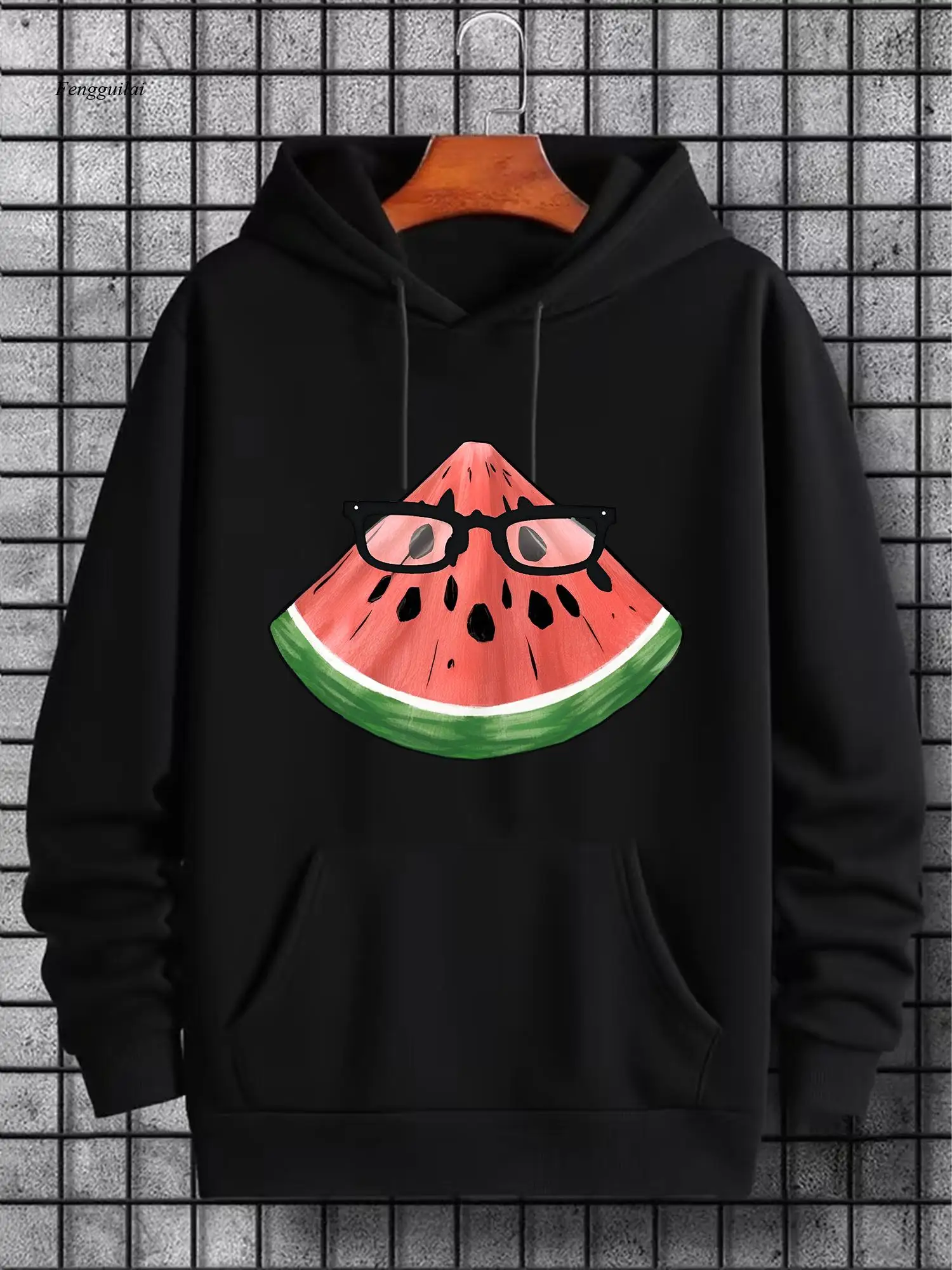 هوديي بنمط البطيخ مع نظارات - بلوفر كاجوال، تصميم مضحك، أكمام طويلة، قماش غير قابل للتمدد