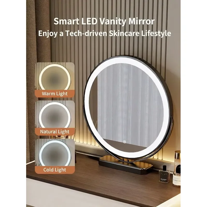 Modern Creamy & Walnut Vanity Set with LED Mirror, Makeup Desk with 3-Drawer Chest & Paw Chair,Rounded Bedroom Storage