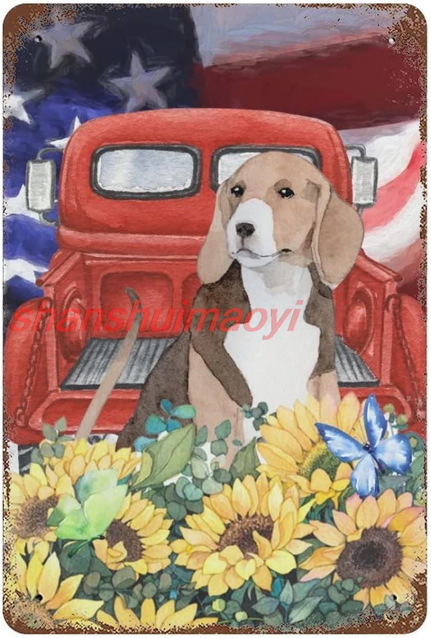 4Th of July US Decorative 12 x 8 Inch Metal Tin Sign, Vintage Farmhouse Red Truck Dog with Sunflower Metal Tin Sign for Cafe Bar