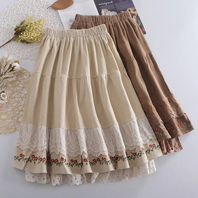 

Autumm Winter Large Size Japanese Sweet Kawaii Skirts Vintage Harajuku Embroidery Patchwork Faldas Elastic Waist Corduroy Skirt