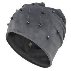 Gorro de pérola feminino com apliques, gorros deslosos, caveiras de camada dupla, veludo quente macio, moda feminina, inverno