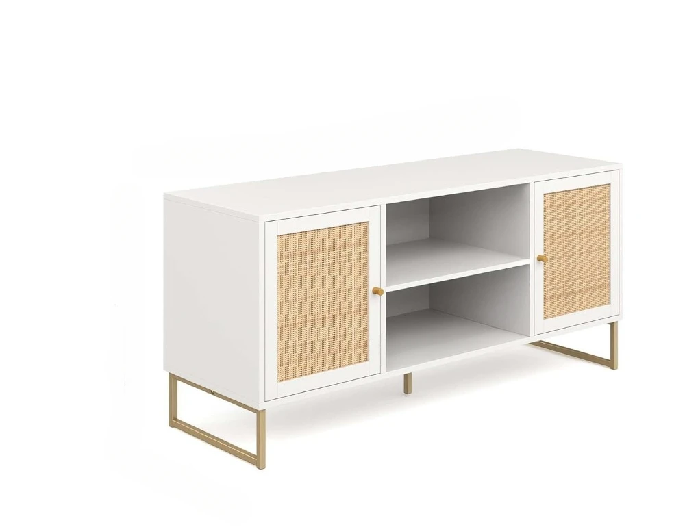 Console avec Portes de Rangement en Rotin Naturel, Meuble TV de Ferme avec Cheminée 256, Blanc/Or, pour Salon