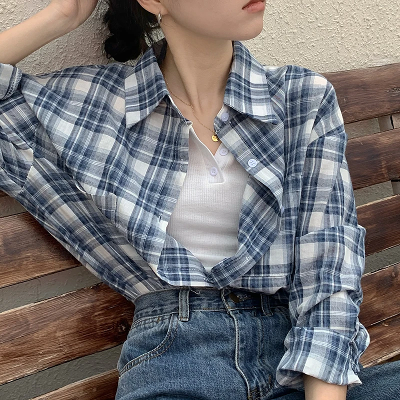 Blue Plaid Lightweight Summer Shirt Cardigan Women's  Anti-Uv Outerwear Loose Fit  Collar Long Sleeve Polyester
