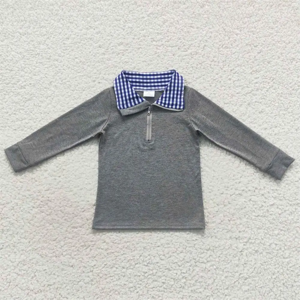 

Wholesale Baby Boy Striped Collar Tee Lapel Zipper Top Children Cotton Clothing Toddler Pullover Clothes Grey Long Sleeves Shirt