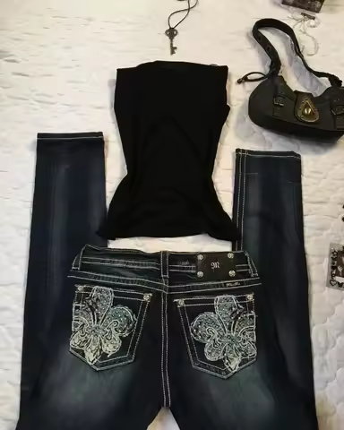 American New Fashion Oversized Embroidered Baggy Jeans Women Y2K High Street Harajuku Gothic Joker High Waist Wide Leg Pants