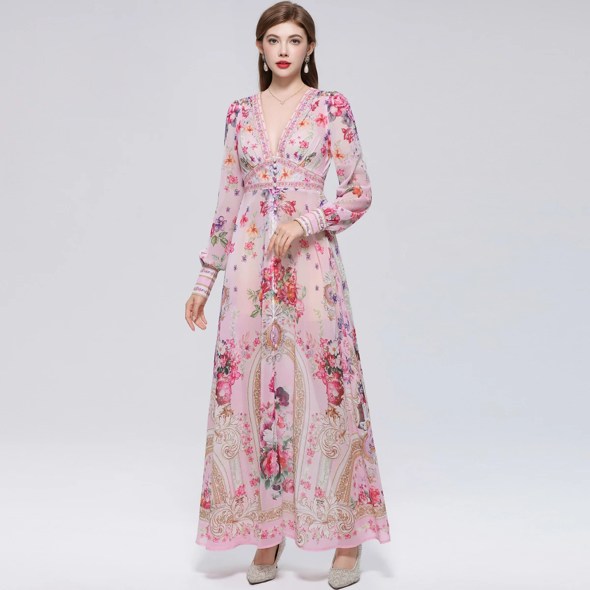 

Summer Holiday Gorgeous Flower Beach Dress Women Deep V-Nek Long Sleeve Floral Print High Elastic Waist A-Line Maxi Robes