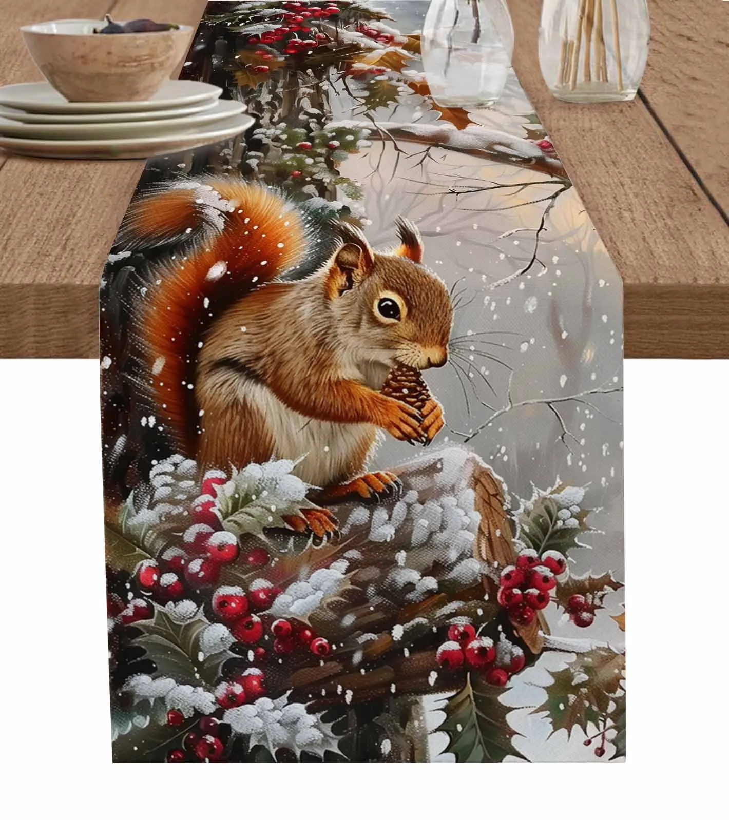 Christmas Squirrel Snowflake Pine Tree Decorations Coffee Table Decor Tablecloth Table Kitchen Decorative Table