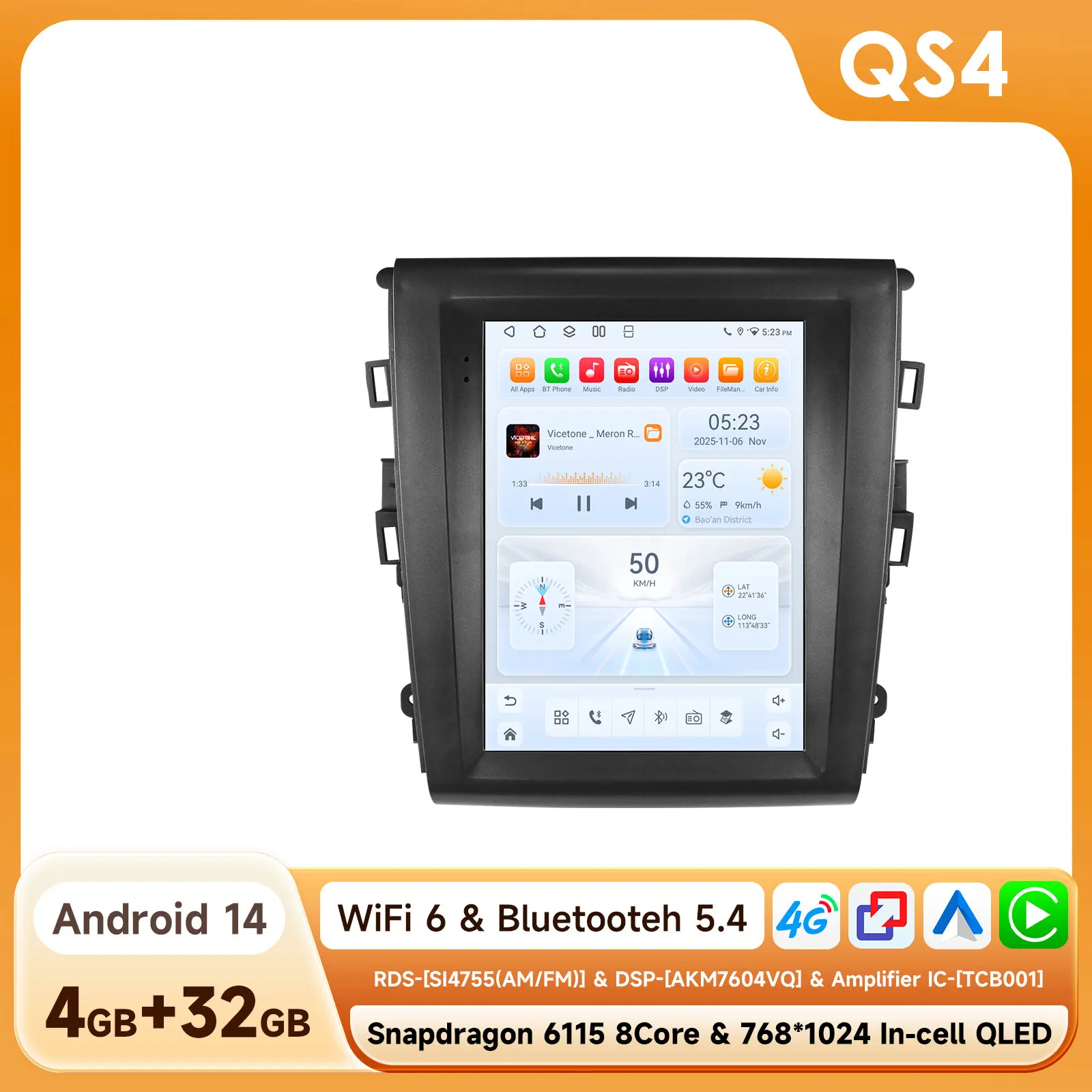 9,7 inch Android 15 autoradio multimediaspeler navigatie GPS 4G draadloze Carplay voor Ford Fusion Mondeo MK5 2013 - 2019