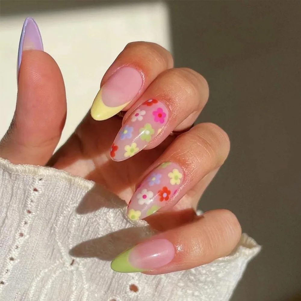 Medium + White Tip French Style Fake Nails with Colorful Flower Accents and Accessories