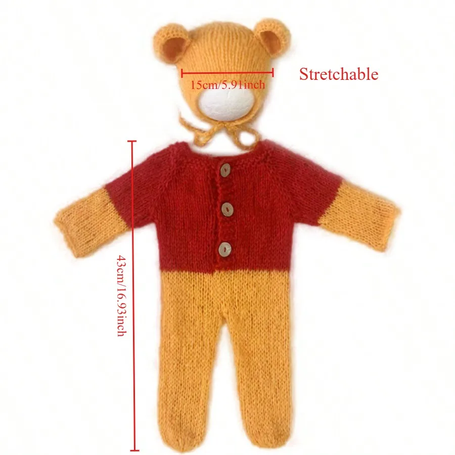 Newborn Photography Props Winnie Theme Bear Romper Hat Set Baby Boy Girl Photoshoot Outfit Infant Cartoon Jumpsuit Accessories