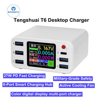 Tengshuai T6 6-Port Super Fast USB Charging Station Digital Display PD 27W  Type-C Charger for iPhone Samsung Cell Phone Tablet