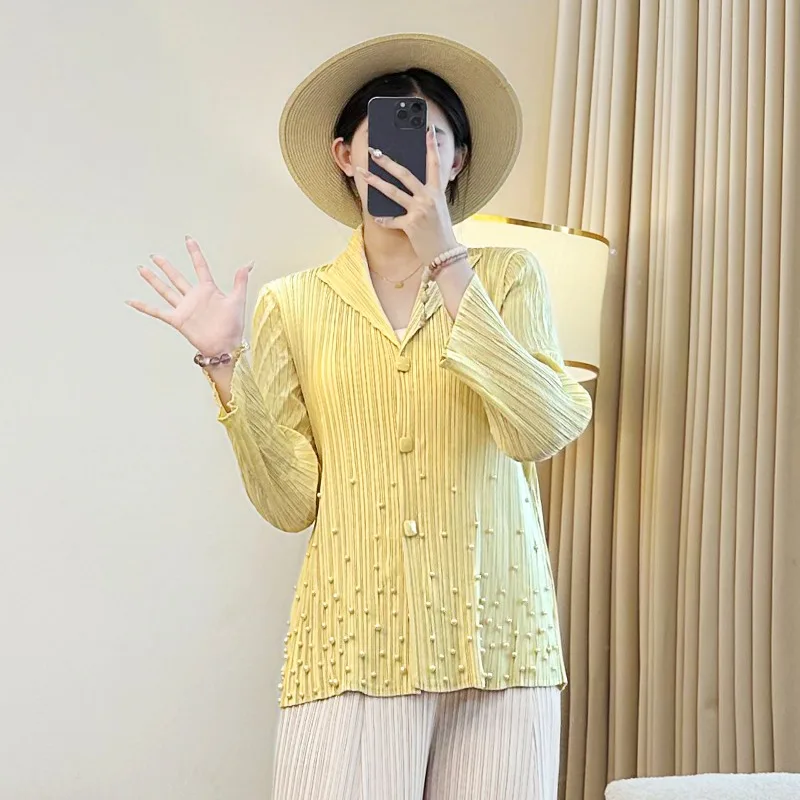 미야케 플리츠 팬츠 세트 여성용 2025 가을 얇은 루즈핏 블라우스 자외선 차단 아우터 가디건 플리츠 재킷 + 와이드 레그 팬츠