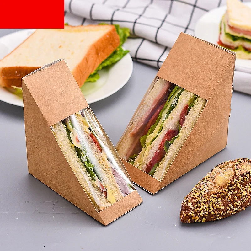 Customized productCustom Design Kraft Paper wedge shaped Sandwich Box with window