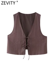Zevity New 2024 Women Fashion V Neck Texture Lace Up Short Camis Tank Lady Cardigan Slim Summer Vest Crop Shirt Tops LS6194