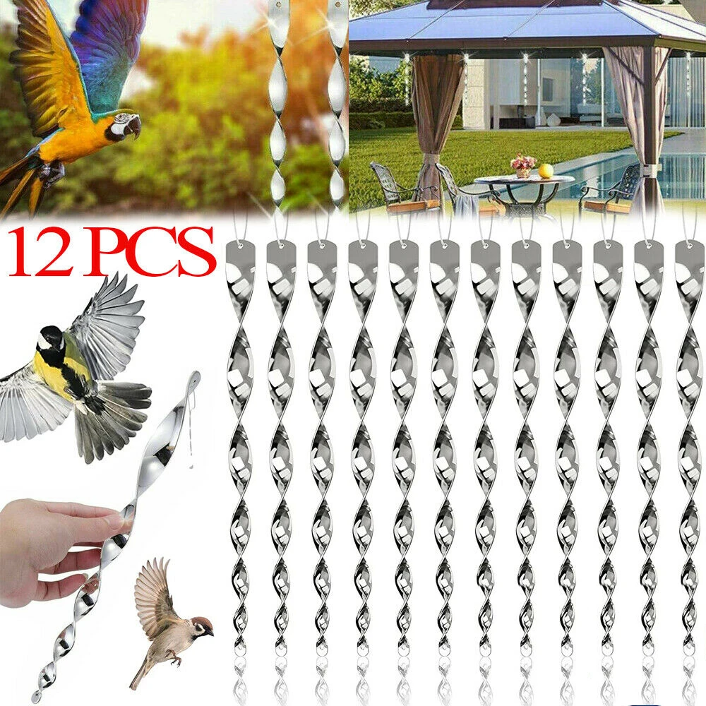 12Pcs Birds Repellent Reflective Rods Silver Spinner Bird Deterrent Device Hanging Ornament for Outdoor Garden Decor Supplies