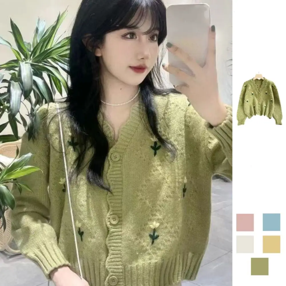 

Soft Candy Color Short Knitted Sweater Flower Embroidery Slim Women Knitted Cardigan INS Long Sleeve Korean Style Sweater JK