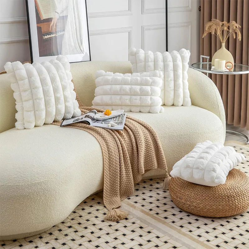 Rabbit Fur Plush Oversize Check Pillowcase Nordic Luxury Winter Solid Color Sofa Cushion Case Cozy Living Room Pillow Cover