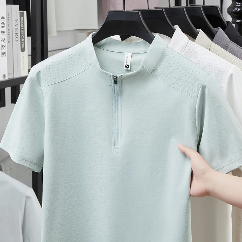 Herren Kurzarm-Poloshirts mit Halbem Reißverschluss und Stehkragen Lässige Sommer-Oberteile Leichte Atmungsaktive Hemden für Männer – Detail 8