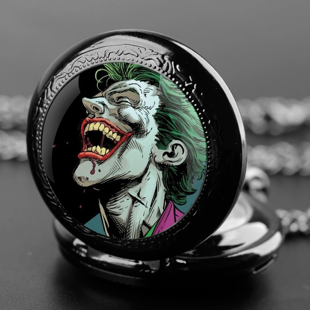 Exquisite Joker Glass Dome Quartz Pocket Watch Necklace Pendant Gifts For Women Man with Fob Chain