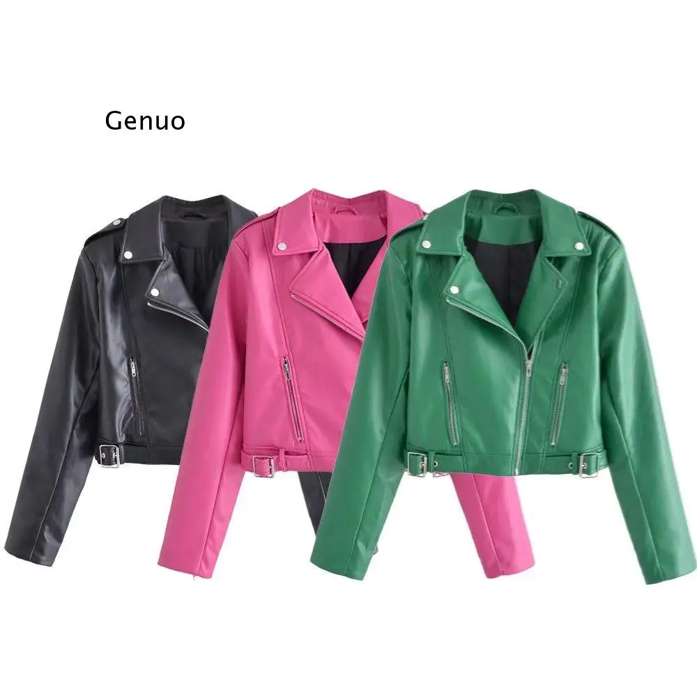 2022 Summer New Women's Clothing Retro Belt Lapel Imitation Leather Jacket Short Motorcycle Clothing