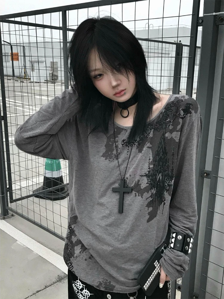

Deeptown Gray Gothic Graphic Women T-Shirts Y2k Vintage Long Sleeve American Style Grunge Tees Loose Casual Punk Streetwear