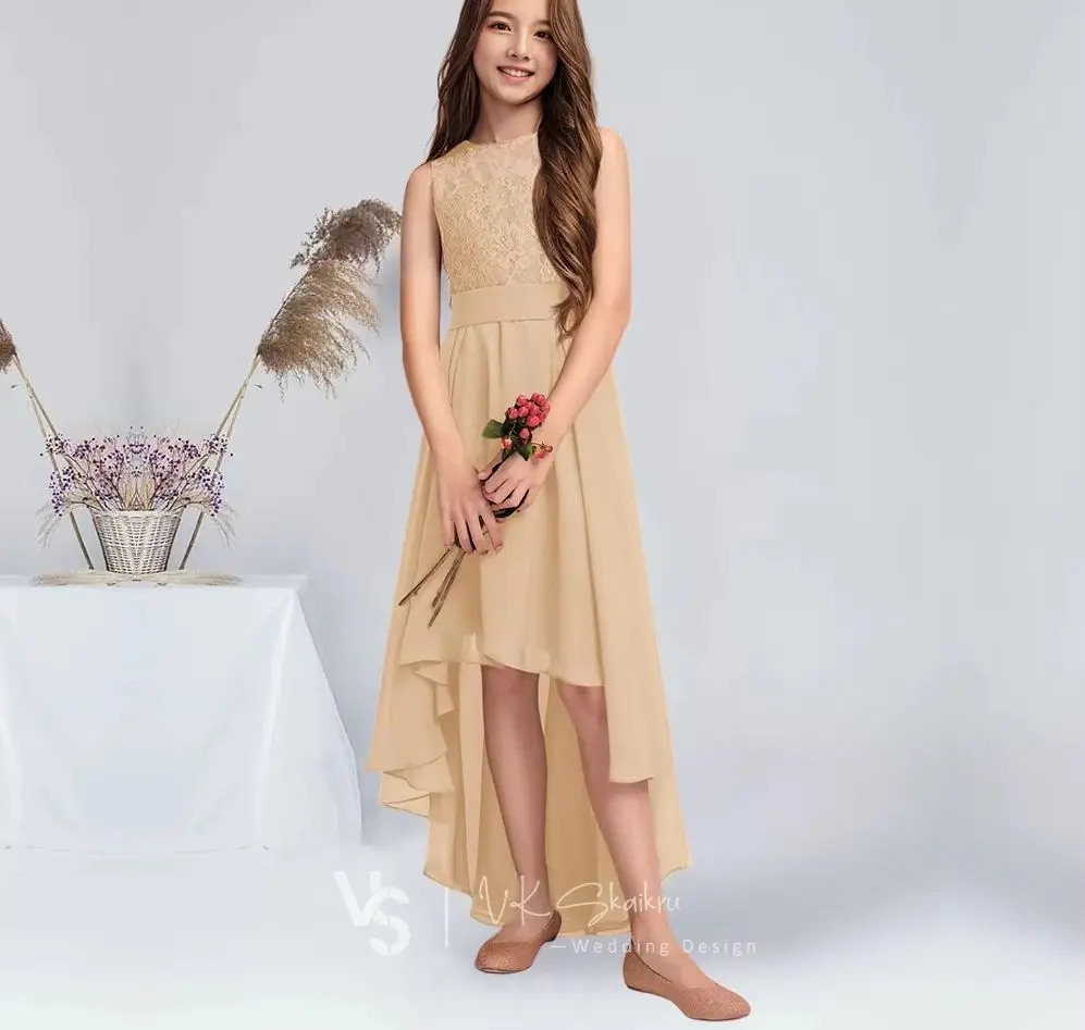 BB A-line Scoop Asymmetrical Chiffon Lace Junior Bridesmaid Dress Cabernet Flower Girl Dress Summer Bridesmaid Little Girl Dress