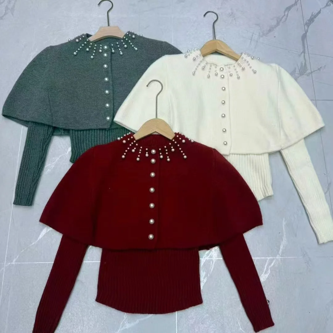 New O-Neck Beading Knitted Sweater Women Pullovers Long Sleeve Cloak Shawl Knit Sweater Pullover Women Tops Women Clothing Q2013