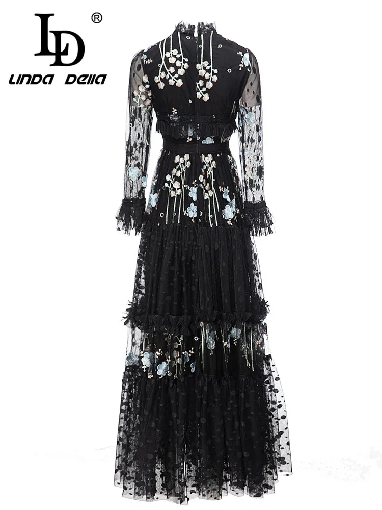 LD LINDA DELLA 2023 Summer Runway Designer Elegant Party Dress Women's Black Round Neck Cascading Ruffle Print Splice Lace Dress