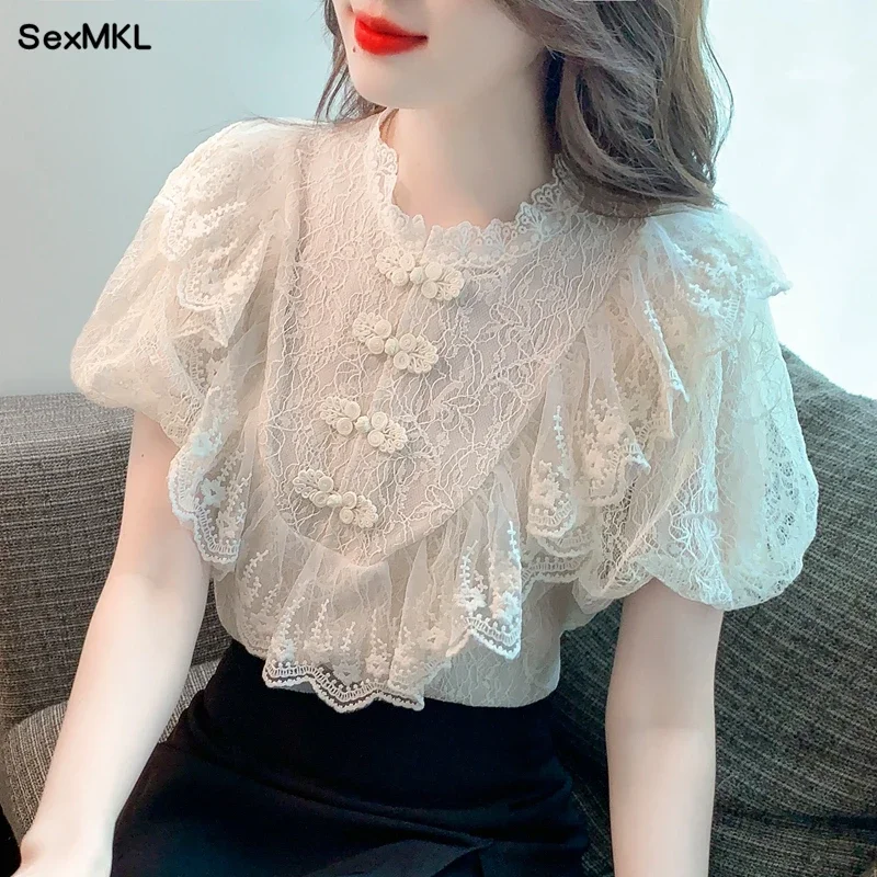 Vintage Lace Blouses Women Summer 2024 Elegant Fashion Casual Puff Sleeve Ladies Tops Korean Style Slim Y2k Chiffon Shirts