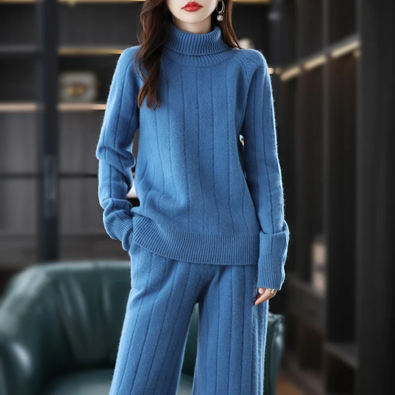 Suit 2024 Hot Sale Ladies Long Sleeve Turtleneck Cashmere Sweater Casual Knit Loose Wide Leg Pants Women 100% Pure Wool Suit