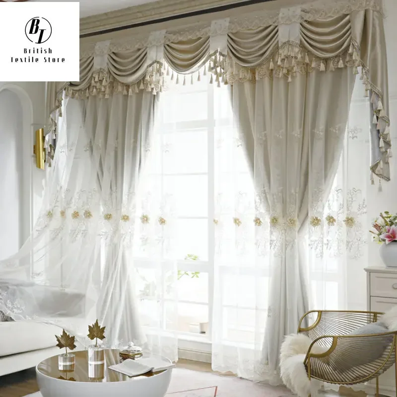 

European Style Modern Blackout Curtains for Living Room Bedroom Dining Luxury Embroidered Embroidery Tulle Beige Double-layer