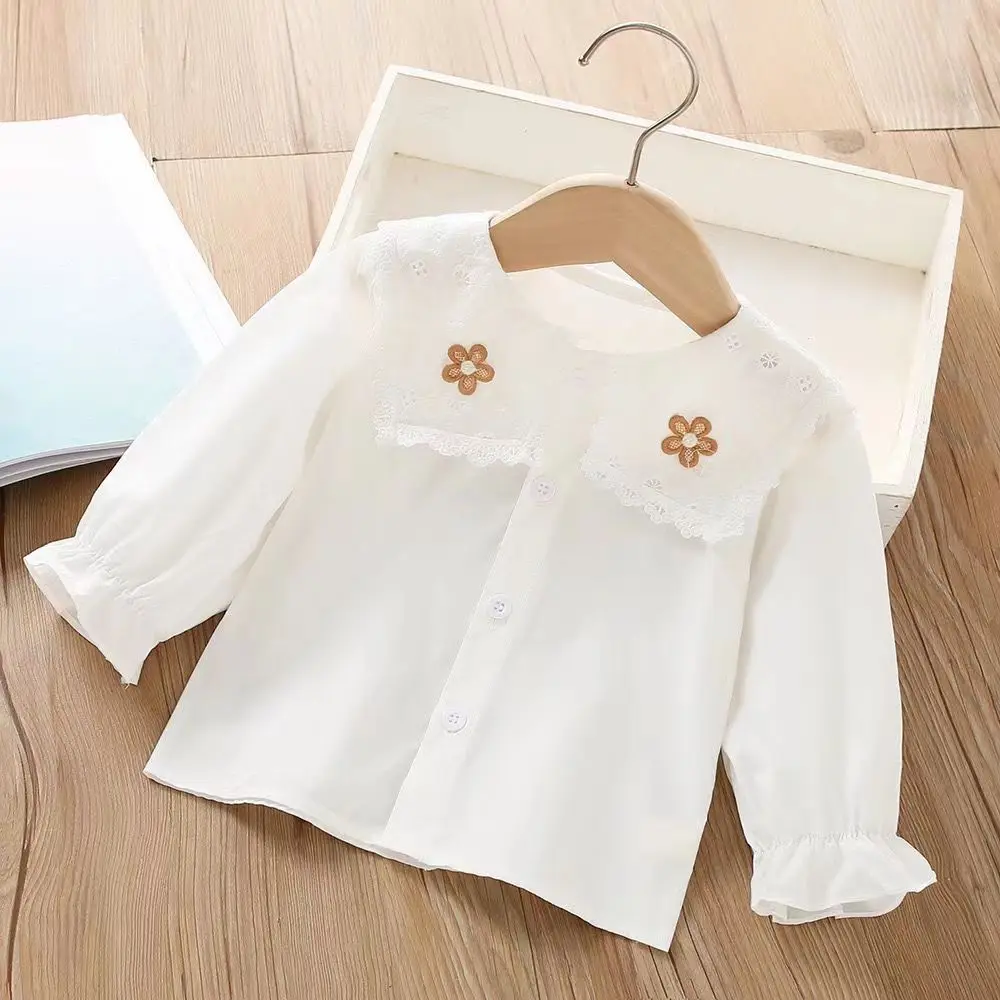 

Kids Girls Pure Cotton New 2023 Spring And Autumn Fashionable Solid Color Cute Embroidery Flower Lace Shirt Girl Baby Shirt